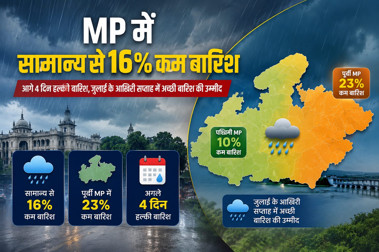 MP Weather Today : MP में सामान्य से 16% कम बारिश, पूर्वी हिस्से में सूखे जैसे हालात; 23 जुलाई तक हल्की बारिश का दौर